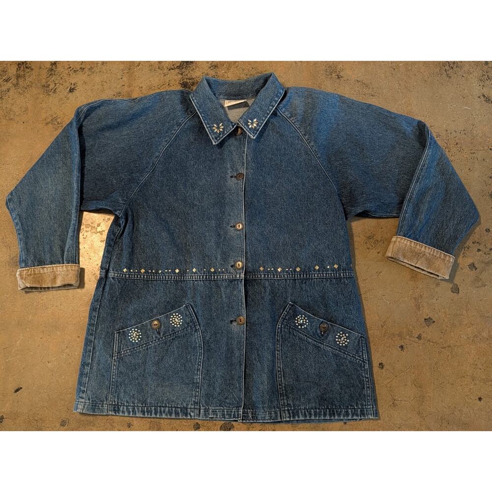 Vtg 80s OshKosh B’Gosh Denim Chore Jacket Womens M Oversized Thunderbird Studded